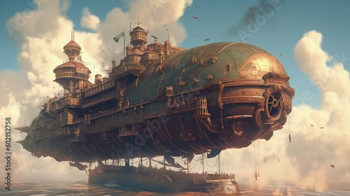 Steampunk airship in the clouds. Fantasy concept , Illustration painting. Generative AI