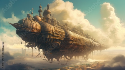 Steampunk airship in the clouds. Fantasy concept , Illustration painting. Generative AI