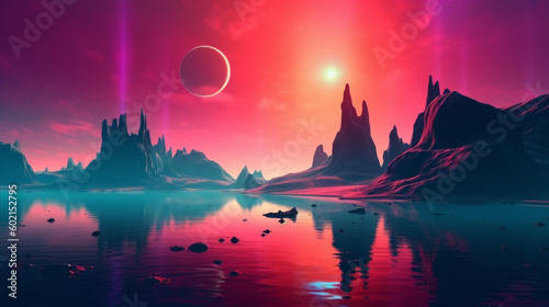 a distant planet near the water and city in the futuristic metaverse landscape