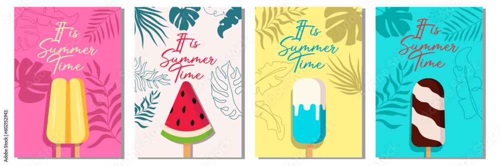 Vintage Ice Cream poster design. Vector Summer background. Leafs and palm set - obrazy, fototapety, plakaty 