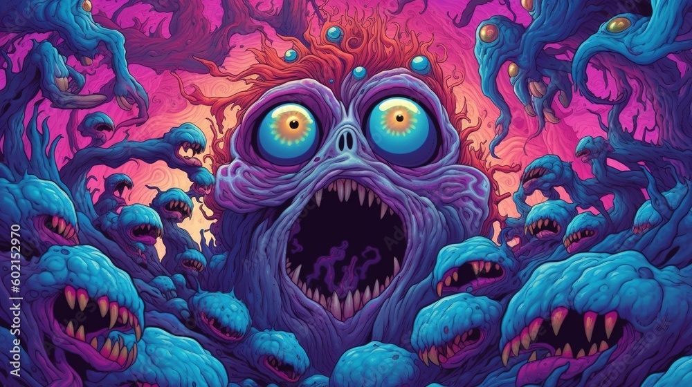 A nightmarish illustration of a creature with multiple eyes and mouths. Fantasy concept , Illustration painting. Generative AI A nightmarish illustration of a creature with multiple eyes and mouths. Fantasy concept , Illustration painting. Generative AI
