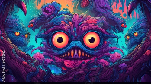 A nightmarish illustration of a creature with multiple eyes and mouths. Fantasy concept , Illustration painting. Generative AI