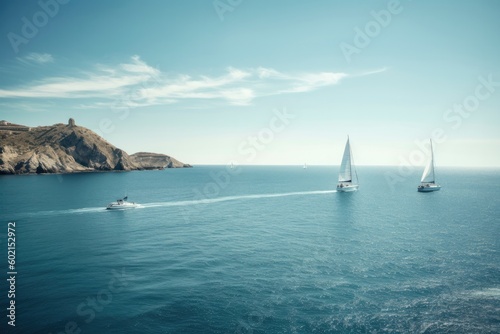 Catamaran and sail boat sailing in the clear blue water - generative ai