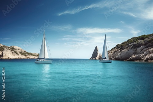 Catamaran and sail boat sailing in the clear blue water - generative ai