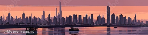 Beautiful colorful sunrise and sunset of Dubai skyline  illustration  abstract banner - generative ai