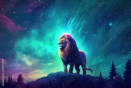 Lion standing under stars in the background. Style of colorful fantasy realism cosmic landscape.  Generative AI