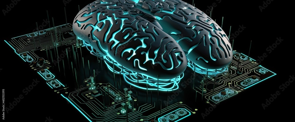 Obraz premium Illustration of three dimensional human brain on circuit board, neural networks, quantum computing, big data, cybersecurity, artificial intelligence concept - generative ai