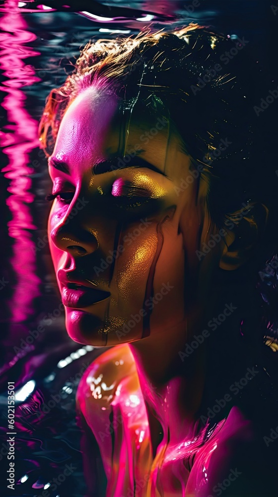 Portrait of woman with glowing hair in a futuristic metropolis entertainment venue, cyberpunk sci-fi artdeco illustration - Generative AI Portrait of woman with glowing hair in a futuristic metropolis entertainment venue, cyberpunk sci-fi artdeco illustration - Generative AI