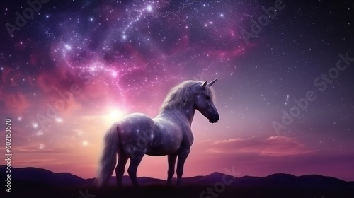 A mystical unicorn depicted in a dazzling starry sky adorned with fluffy clouds. Generative AI © Kateryna Kordubailo
