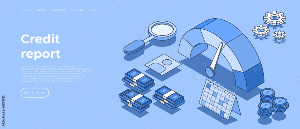 Credit report, isometric vector concept of personal credit score information and financial rating. Credit score banner. Vector illustration concept - obrazy, fototapety, plakaty 