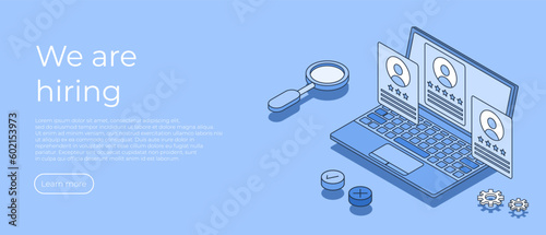 We are hiring concept. Recruit search people. Business HR concept in isometric vector illustration. Human resources manager hiring employee or workers for job. Vector illustration