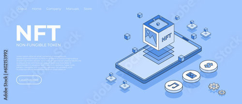 Cryptographic art crypto art nft isometric composition with icons, servers. Non-fungible token concept. Vector illustration concept