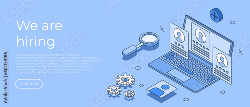 We are hiring concept. Recruit search people. Business HR concept in isometric vector illustration. Human resources manager hiring employee or workers for job. Vector illustration