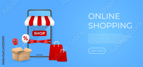 Online shopping concept. Web landing page banner. Realistic mobile phone with gift box and ballon. Vector illustration concept