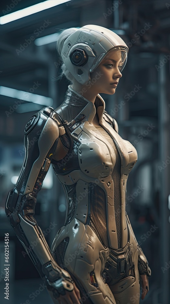 Female Cyborg wearing a futurist cybernetic armor, cyberpunk illustration - generative ai