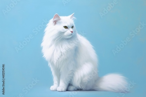 Portrait white cat on light pastel blue background. Generative AI