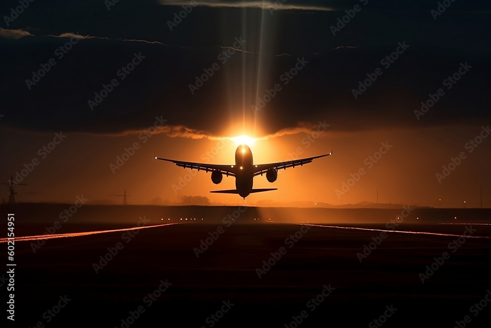 airplane landing at sunset. Generative AI.