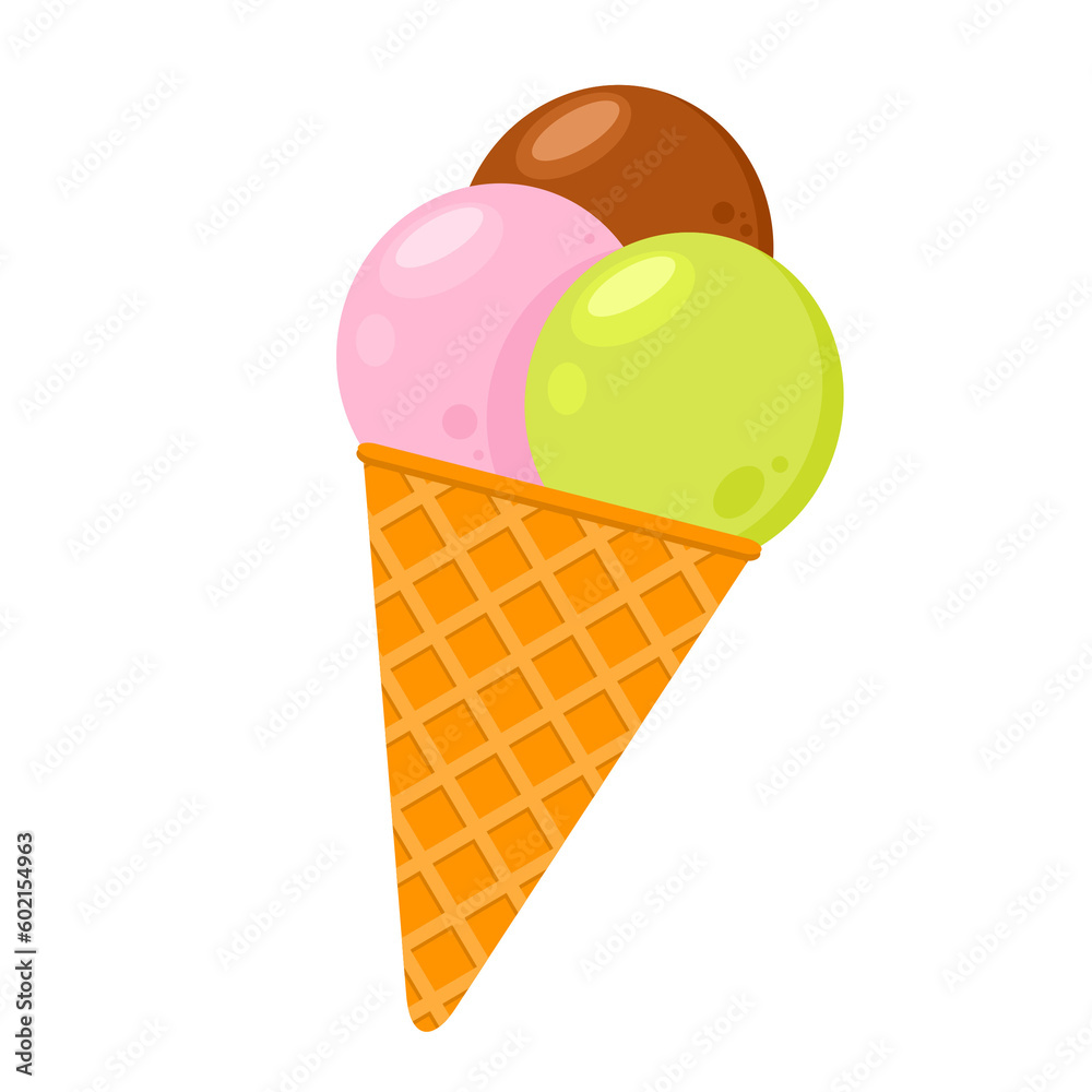 Ice cream cone illustration as an isolated element. Three ice cream flavors: strawberry, chocolate and matcha Ice cream cone illustration as an isolated element. Three ice cream flavors: strawberry, chocolate and matcha