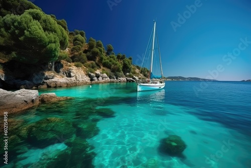 Luxurious sailboat floating in turquoise waters with a clear blue sky near an island shore - generative ai