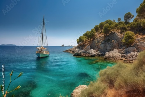 Luxurious sailboat floating in turquoise waters with a clear blue sky near an island shore - generative ai © Infinite Shoreline