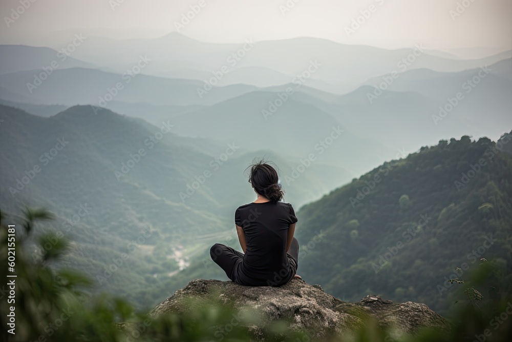 Silhouette of a woman practicing yoga pose on a mountain summit - generative ai