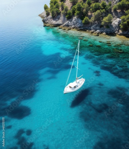 White sailboat on the clear water near a tropical island, summer vacation, beach, swimming, snorkeling, generative, ai