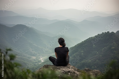 Silhouette of a woman practicing yoga pose on a mountain summit - generative ai