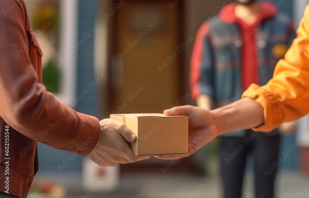 Obraz premium Hands of the courier pass the parcel to the client, close-up. Generative AI