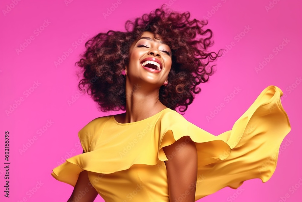 © ЮРИЙ ПОЗДНИКОВ - Young african american woman laughing in the studio in a yellow dress on a pink background. Generative AI © ЮРИЙ ПОЗДНИКОВ - Young african american woman laughing in the studio in a yellow dress on a pink background. Generative AI