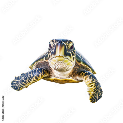 Sea turtle is swimming on transparent white background, isolated, front view, turtle swimming toward camera, view from the front. generative ai