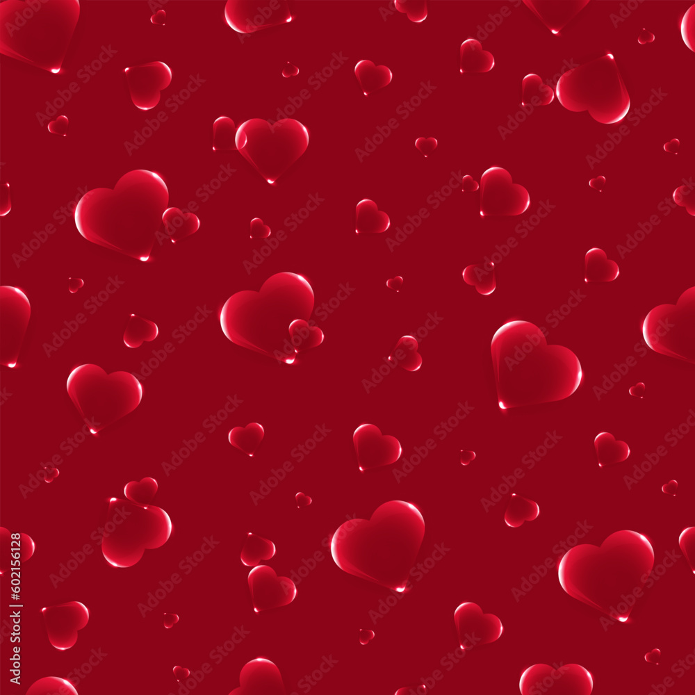 Seamless pattern with glass hearts with red background