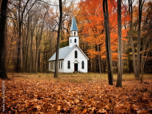 a small white wooden Protestant church in an autumnal American forest in New Hampshire - generative AI