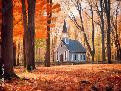 a small white wooden Protestant church in an autumnal American forest in New Hampshire - generative AI photo