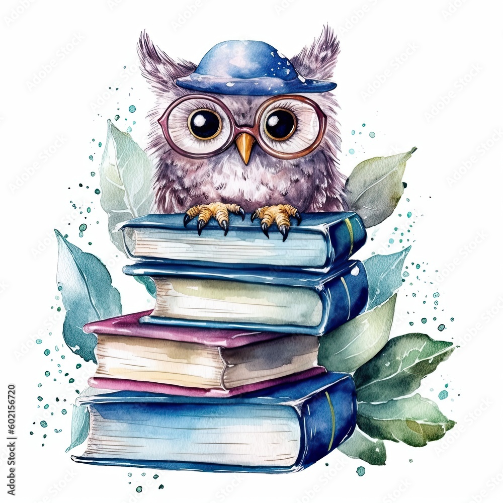 Watercolor books wuth owl. Illustration AI Generative.