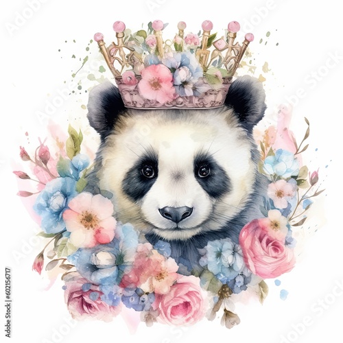 Watercolor panda with flower crown. Illustration AI Generative.