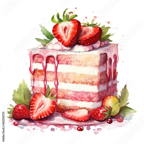 Fényképezés Watercolor strawberry cake. Illustration AI Generative.