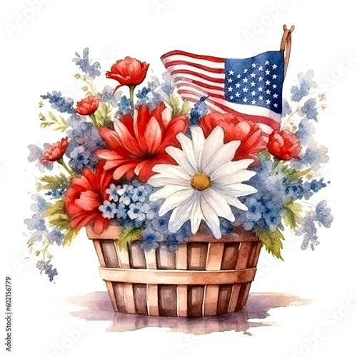 USA flag and flowers in basket. watercolor. Illustration AI Generative. photo