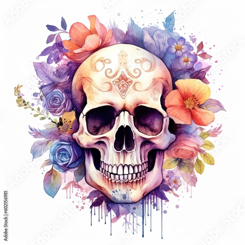 Watercolor skull with flowers. Illustration AI Generative.