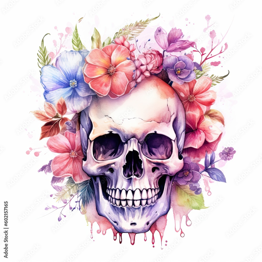 Fototapeta premium Watercolor skull with flowers. Illustration AI Generative.