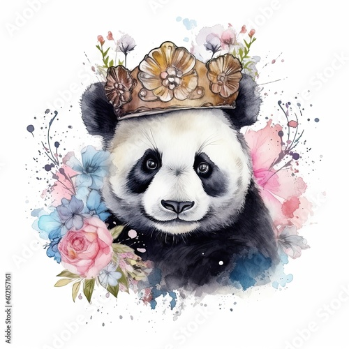 Watercolor panda with flower crown. Illustration AI Generative.