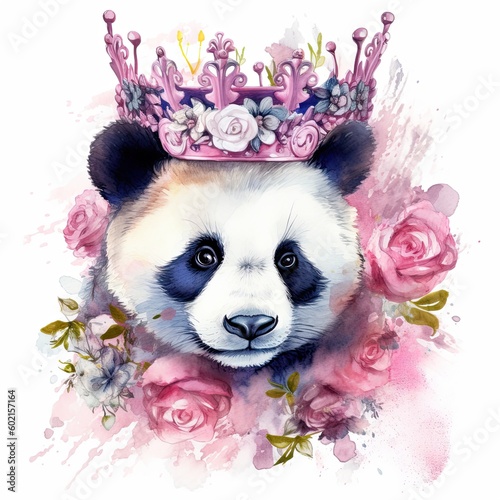 Watercolor panda with flower crown. Illustration AI Generative.