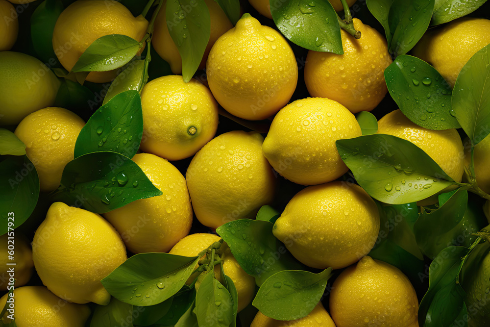 Ripe Yellow Lemons Close-up Background Or Texture. Lemon Harvest, Many Yellow Lemons. generated by AI