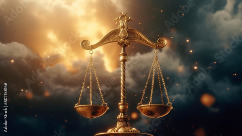 Justice. Golden scales in the sky. Time to make a choice. High quality illustration Generative AI