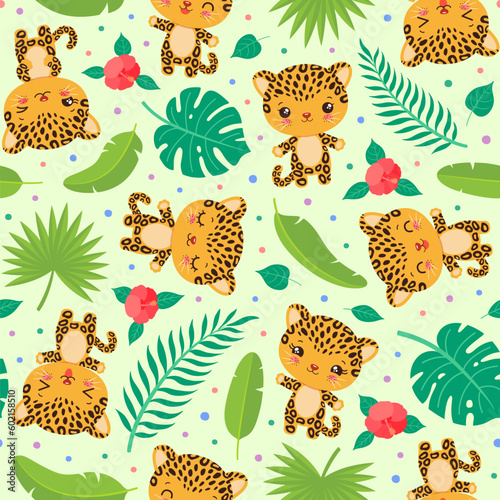 Cute leopard seamless pattern. Kawaii cheetah face chibi style. Jaguar cartoon safari animal. Palm leaves. Tropical flowers. Summer repeat design for children fashion print, textile fabric, paper.