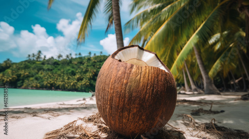 Coconuts and landscape of beach. Created with Generative AI technology.