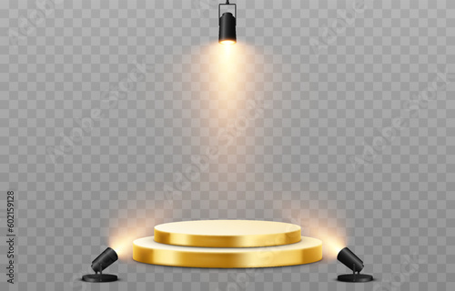 Vector podium illuminated by spotlights. Podium png, spotlights png. Light sources, spotlights illuminate the pedestal, the stage. Light effect.