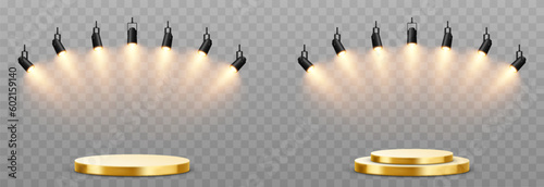 Set of vector podiums illuminated by spotlights. Podium png, spotlights png. Light sources, spotlights illuminate the pedestal, the stage. Light effect.