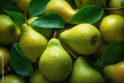 Pears, Large Group, Background – Italian Cultivar of Green Pear "Pera Coscia" (Pyrus Communis) with Red Shade. generated by AI