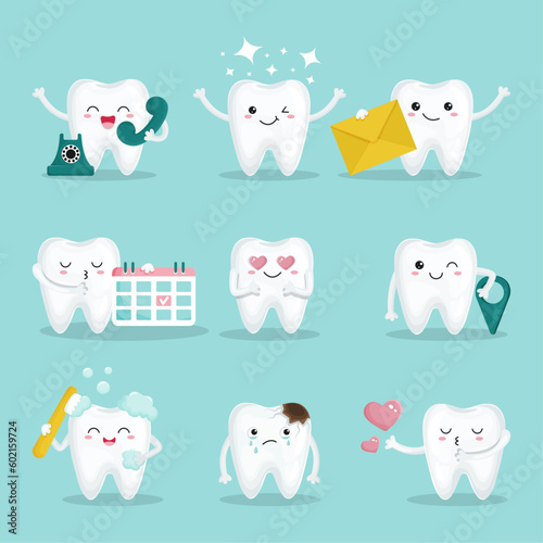 Cute teeth set with different emotions and actions.  Call us, hotline, email, appointment, location, caries Kawaii cartoon style characters , good for website, webdesign, label design, stickers.