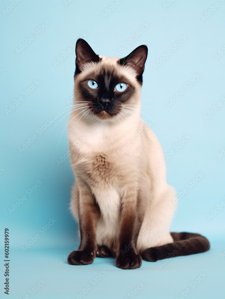 A siamese cat sitting on a blue background Generative Ai